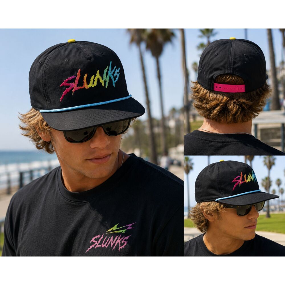 Slunks Black Rainbow Rope Snapback Hat Adjustable Embroidered Performance Cap